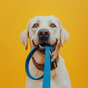 Adorable dog holding leash in mouth on yellow background